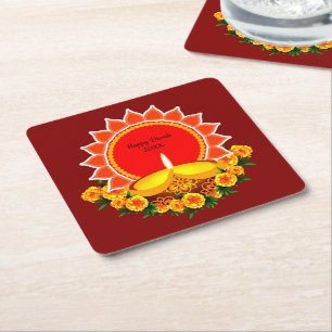 Dessous-de-verre Carré En Papier Happy Diwali 20xx Ajouter année ou texte Marigolds