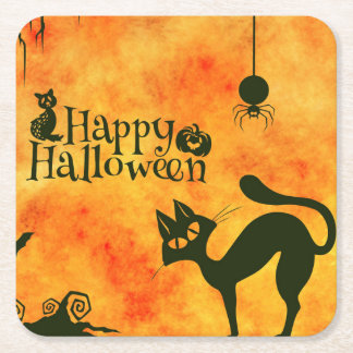 Dessous-de-verre Carré En Papier Happy Halloween chat noir, hibou, citrouille