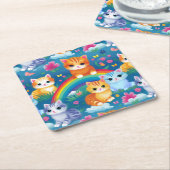 Dessous-de-verre Carré En Papier Happy Kitty Cats sur Rainbow Clouds (Incliné)