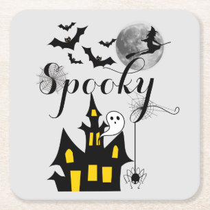 Dessous-de-verre Carré En Papier Hauné House Flying Witch Halloween Éffrayant