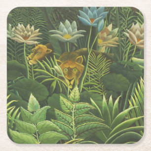 Dessous-de-verre Carré En Papier Henri Rousseau Jungle Tropical Lion Impression Vin