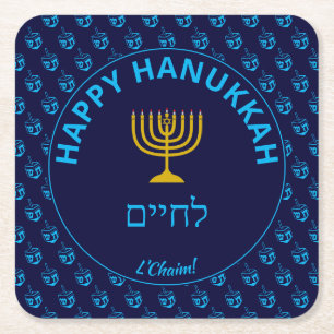 Dessous-de-verre Carré En Papier Heureux Hanoukka ל ח י י ם L'Chaim Blue Dreidel