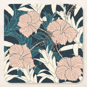 Dessous-de-verre Carré En Papier Hibiscus rose tropical, arrière - plan sombre
