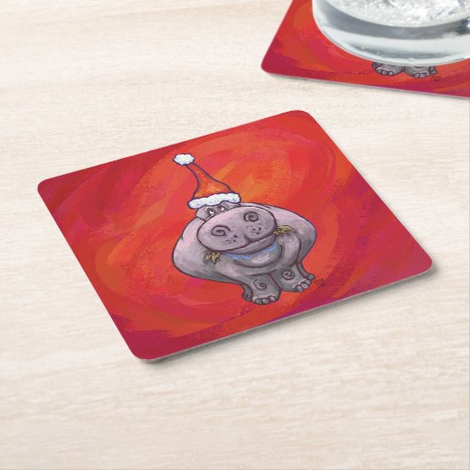 Dessous-de-verre Carré En Papier Hippo mignon à Santa Hat en rouge (Incliné)