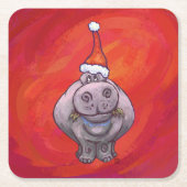 Dessous-de-verre Carré En Papier Hippo mignon à Santa Hat en rouge (Devant)