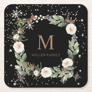 Dessous-de-verre Carré En Papier hiver fleuri or éclatant vacances monogramme carré