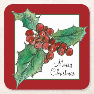 Dessous-de-verre Carré En Papier Holly Berries Plante Botanique Art Joyeux Noël