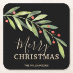 Dessous-de-verre Carré En Papier Holly et Berries sur Black Joyer Noël<br><div class="desc">Elégante sainte et baies avec Joyeux Noël ou vos propres infos en lettrage chic dans n'importe quelle couleur (nous avons utilisé l'or) et sur n'importe quel arrière - plan de couleur (nous avons utilisé le noir.) Tous les textes, polices et couleurs de police peuvent être modifiés, il suffit de cliquer...</div>
