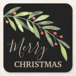 Dessous-de-verre Carré En Papier Holly et Berries sur Black Joyer Noël<br><div class="desc">Elégante sainte et baies avec Joyeux Noël ou vos propres infos en lettrage chic dans n'importe quelle couleur (nous avons utilisé l'or) et sur n'importe quel arrière - plan de couleur (nous avons utilisé le noir.) Tous les textes, polices et couleurs de police peuvent être modifiés, il suffit de cliquer...</div>