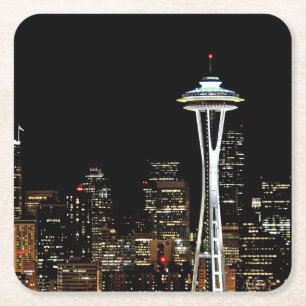 Dessous-de-verre Carré En Papier Horizon de Seattle la nuit, avec l'aiguille de