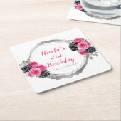 Dessous-de-verre Carré En Papier Hot Pink and Silver Elegant Flowers Birthday Party (Incliné)