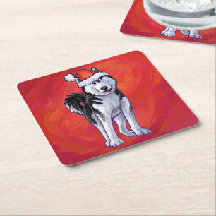 Dessous-de-verre Carré En Papier Husky à Santa Hat Sur Rouge