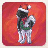 Dessous-de-verre Carré En Papier Husky à Santa Hat Sur Rouge (Devant)