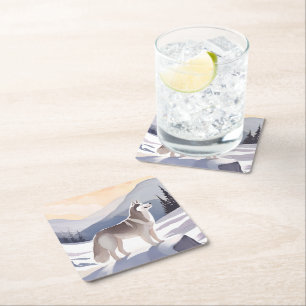 Dessous-de-verre Carré En Papier Husky d'Alaska Aquarelle Dog Mountain