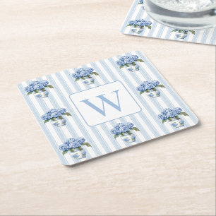 Dessous-de-verre Carré En Papier Hydrangeas Bleues et Blanches sur Monogramme à Ray