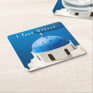 Dessous-de-verre Carré En Papier I love Greece Church Santorini bleu photo et texte