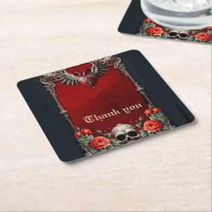 Dessous-de-verre Carré En Papier Icône gothique romantique : coeur, rose, crâne.