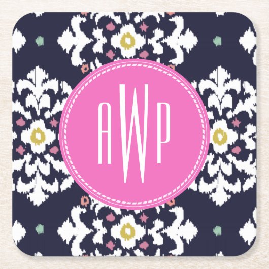 Dessous-de-verre Carré En Papier Ikat + Monogramme rose (Devant)