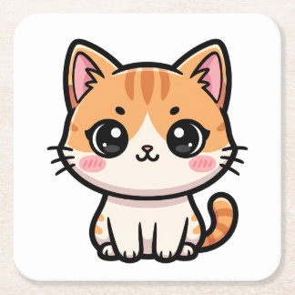 Dessous-de-verre Carré En Papier Illustration de chat roux kawaii adorable
