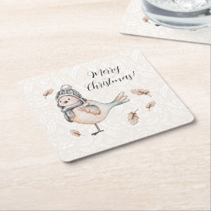 Dessous-de-verre Carré En Papier Illustration de moineau mignon d'hiver