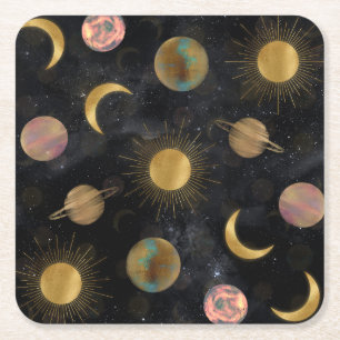 Dessous-de-verre Carré En Papier Illustration Gold Sun Moon Planètes Space