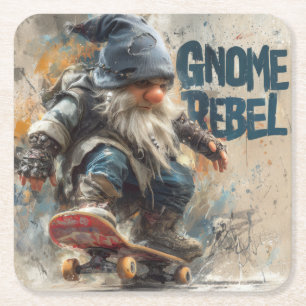 Dessous-de-verre Carré En Papier illustration graphique de gnome rebelle en skatebo