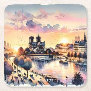 Dessous-de-verre Carré En Papier Imaginaire Coucher de soleil Paris Aquarelle