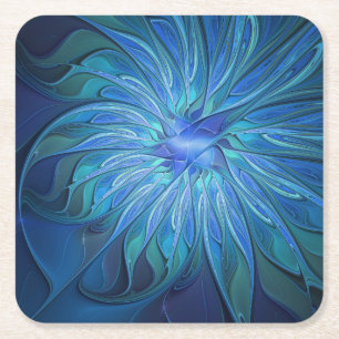 Dessous-de-verre Carré En Papier Imaginaire Fleur Bleue Motif, Art Fractal Abstrait