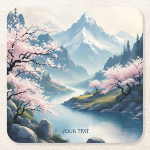 Dessous-de-verre Carré En Papier Imaginaire mignon paysage de printemps japonais