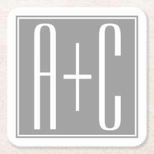 Dessous-de-verre Carré En Papier Initiales de couple modifiables   Blanc et gris