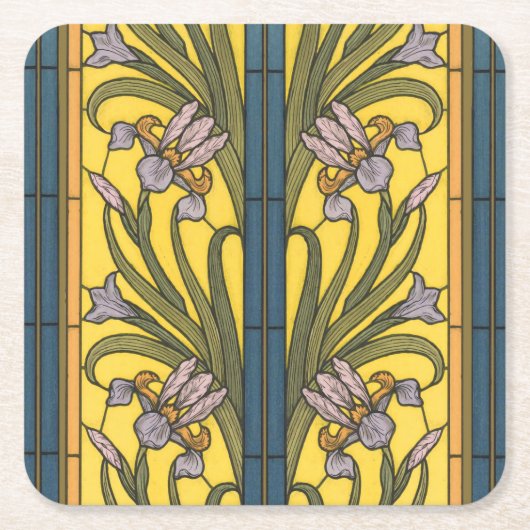 Dessous-de-verre Carré En Papier Iris Fleur Art Nouveau Vitrail Bleu Or (Devant)