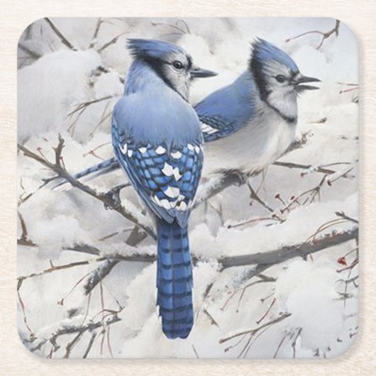 Dessous-de-verre Carré En Papier Jays bleus dans un arbre à neige (Devant)