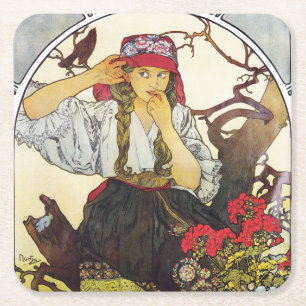 Dessous-de-verre Carré En Papier Jeune Fille et Géranium, Mucha
