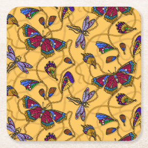 Dessous-de-verre Carré En Papier Jewellery butterflies et dragonflies on yellow