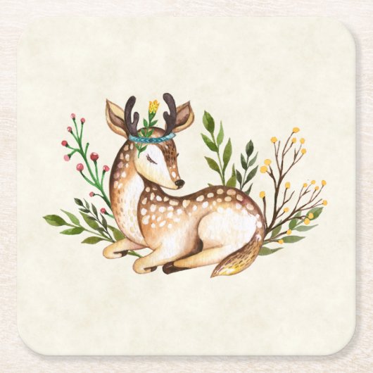 Dessous-de-verre Carré En Papier Joli Cerf Aquarellé Posé En Bas Boho (Devant)
