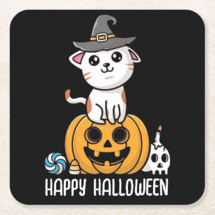 Dessous-de-verre Carré En Papier Joli Chat Assis sur Citrouille Halloween