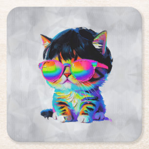 Dessous-de-verre Carré En Papier Joli Chat Drôle Smol (Peinture No. 1)