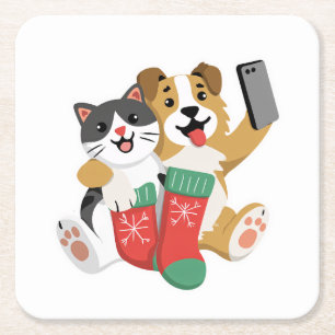 Dessous-de-verre Carré En Papier Joli chien et chat de Noël en selfie – Drôle de fê