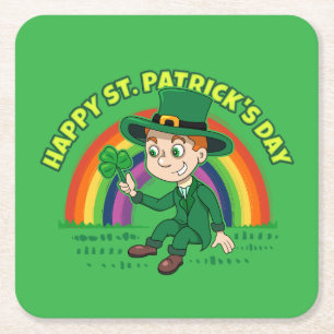 Dessous-de-verre Carré En Papier Joli dessin animé leprechaun avec shamrock et arc-