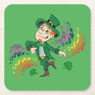 Dessous-de-verre Carré En Papier Joli et souriant dancing leprechaun, un arc-en-cie