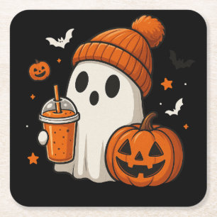 Dessous-de-verre Carré En Papier Joli fantôme d'Halloween avec citrouille et boisso