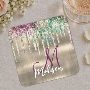 Dessous-de-verre Carré En Papier Joli licorne dorée monogramme Glitter Drips