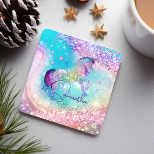 Dessous-de-verre Carré En Papier Joli licorne rose strass arc-en-ciel aqua monogram