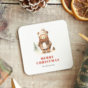Dessous-de-verre Carré En Papier Joli ours aquarelle Joyeux Noël vacances