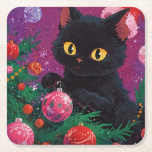 Dessous-de-verre Carré En Papier Joli petit chaton noir et arbre de Noël