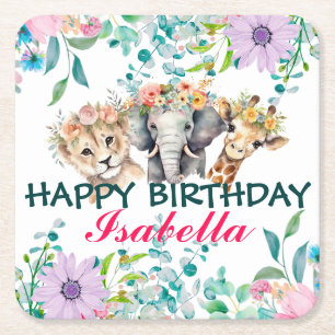 Dessous-de-verre Carré En Papier Joli zoo floral jungle Animaux Anniversaire Bienve