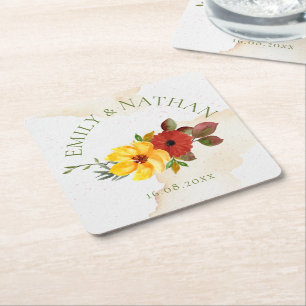 Dessous-de-verre Carré En Papier Jolie couleur rouge jaune aquarelle Mariage floral