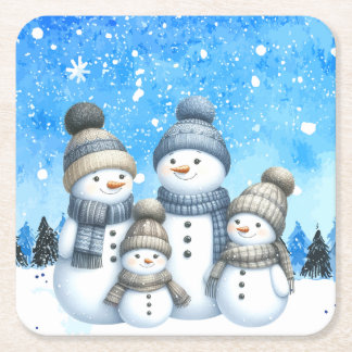 Dessous-de-verre Carré En Papier Jolie famille des bonhomme de neige dans la neige