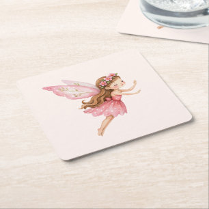 Dessous-de-verre Carré En Papier Jolie Fille Fée en Robe Rose