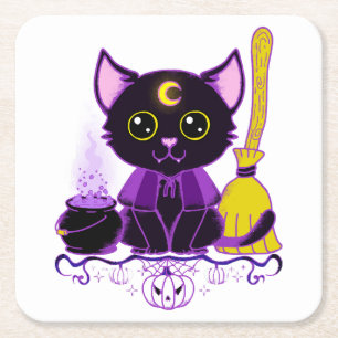 Dessous-de-verre Carré En Papier Jolie sorcière de chat noir d'Halloween